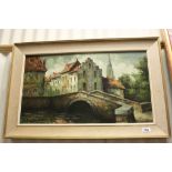 A continental 20th century oil on canvas painting of Bruges indistincly signed 40 x 70 cm image