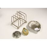 Silver hall marked Shell Dish with silver lid Art Deco plated toast rack and a Perfume Bottle
