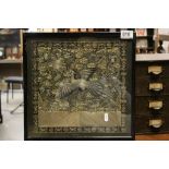 Framed Oriental silk panel with bird and floral decoration
