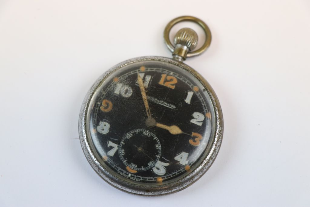 A World War Two Era Military Issued Jaeger Le Coultre Pocket Watch With Black Dial, Marked To The