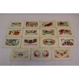 A Collection Of Fifteen World War One / WW1 Embroidered Silk Postcards.