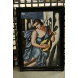 Ornate framed signed oil painting portrait of an Art Deco Beauty with Guitar