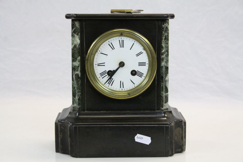 19th Century Striking Slate Mantle Clock with Green Marble detailing & Enamel dial with Roman