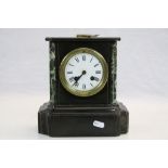 19th Century Striking Slate Mantle Clock with Green Marble detailing & Enamel dial with Roman