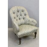 Victorian Button Back Armchair with Turned Legs on Castors