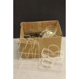 Box of shabby chic metal ware including cake stand etc