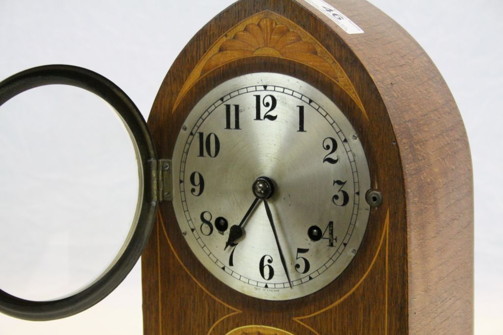 Edwardian Steeple topped Oak Mantle Clock with Marquetry inlay to the front, the movement marked " - Image 3 of 4