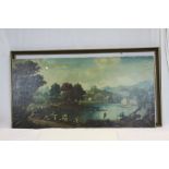 Large vintage framed Oil on canvas of a Lake Landscape scene with Fishermen, measures approx 59 x