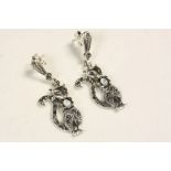 Pair of silver Marcasite and Opel paneled cat drop earrings