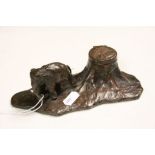 Vintage Bronzed effect Spelter Inkwell, modelled as a Tree Stump & Elephant with White Glass