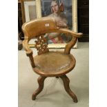 Late Victorian / Edwardian Elm Swivel Tub Office Chair with Brass Studded Brown Leather Circular