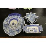 Group of 19th century blue and white pottery to include three pickle dishes a Davenport dish, tea