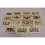 A Collection Of Fifteen World War One / WW1 Embroidered Silk Postcards.