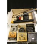 Three boxed JW Young centre pin reels, an Osmand No.23 closed face reel, two fishing gaffs and a