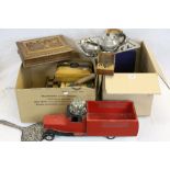 Two boxes of sundries to include a Bell Brand pewter 4 piece tea set, various boxes, a billhook ,
