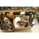 Three boxes containing a large quantity of clocks and part including Blackforest Cuckoo Clocks,