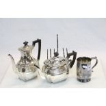 Mappin and Webb silver plated tankard, two Goldsmiths silver plated teapots and a silver plated