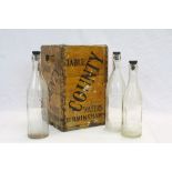 Vintage Wooden "County Table Water" Bottle crate with three original Glass Bottles