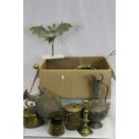 Quantity of brass and copper ware to include Persian yewers, chargers, chestnut roaster etc