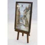 Small Oak framed & glazed Watercolour "Duck Street Mousehole" by "T H Victor" with easel stand,
