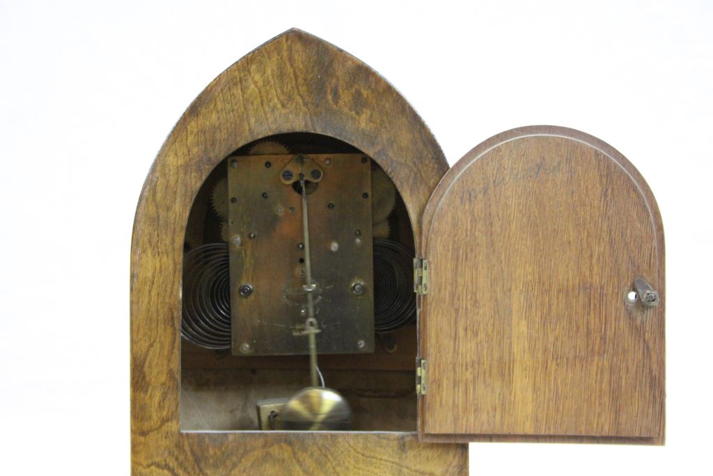 Edwardian Steeple topped Oak Mantle Clock with Marquetry inlay to the front, the movement marked " - Image 4 of 4