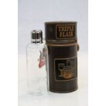 Set of Three Glass Spirit Flasks contained in an English Leather Case