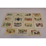 A Collection Of Fifteen World War One / WW1 Embroidered Silk Postcards.