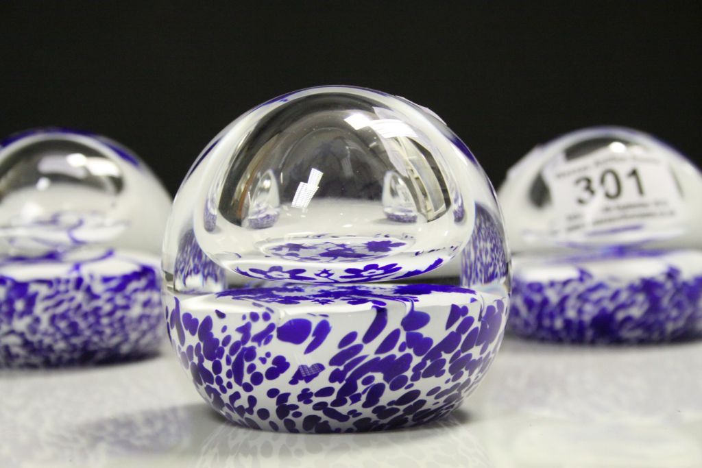 Three Caithness Glass Paperweights, blue & white design with internal Air bubbles to include; - Image 2 of 4