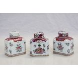 Three 19th Century Chinese export ceramic Tea Caddies, all with Famille Rose decoration and approx