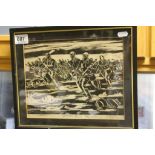 Indistinctly signed woodblock, block print of the Battle of Marasesti WWI