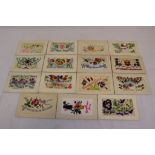 A Collection Of Fifteen World War One / WW1 Embroidered Silk Postcards.