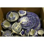 Box of assorted blue and white ceramics to include teapots, milk jugs, plates, tea cups and