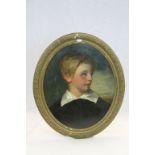 19th Century Oil on board Portrait of a Young Boy in Gilt oval frame, image approx 44 x 37cm