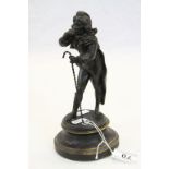 Bronzed Spelter figure of a Regency dressed figure with walking stick & on a Wooden plinth, stands