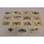 A Collection Of Fifteen World War One / WW1 Embroidered Silk Postcards.