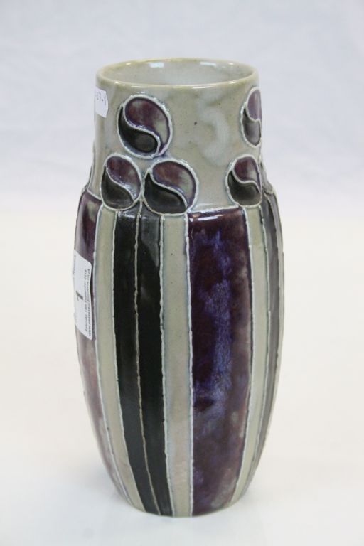 Royal Doulton Stoneware Vase, Arts & Crafts style Tube lined decoration in Purple & Green and - Image 2 of 5