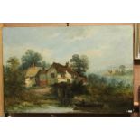 W.Stone Junior 19th Century oil on canvas rural river scene with Fisherman by Mill