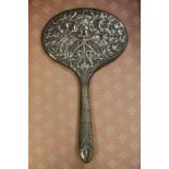 Art Nouveau wooden and white metal hand mirror with floral decoration