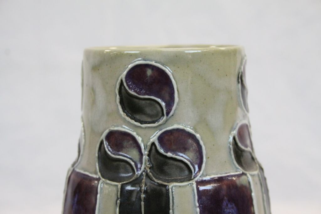 Royal Doulton Stoneware Vase, Arts & Crafts style Tube lined decoration in Purple & Green and - Image 5 of 5