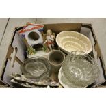 Three ceramic antique jelly moulds, four glass jelly moulds, and a quantity of china