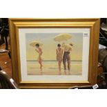 Jack Vettriano framed studio print figures on a beach with parasols inscribed Portland Gallery