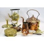 Box of mixed vintage Metalware to include Copper Kettle, saucepan Lids, Measuring Jug, Brass