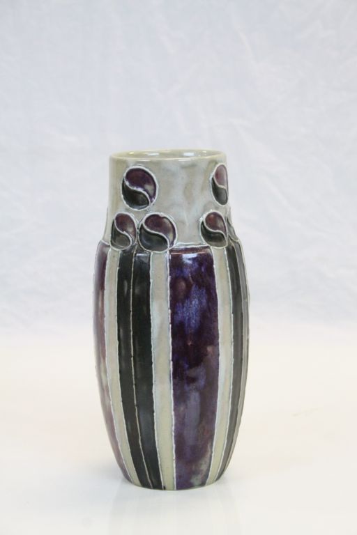 Royal Doulton Stoneware Vase, Arts & Crafts style Tube lined decoration in Purple & Green and