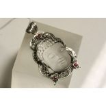 Silver Chinese rock crystal pendant necklace with Ruby Cabochons