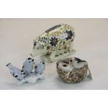 Creamware Pig Money Box with Floral decoration AF, a bird inkwell and bind figure