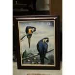 Signed Ornithological oil painting of two blue Mcaw's perched on tree boughs