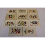 A Collection Of Eleven World War One / WW1 Embroidered Silk Postcards.