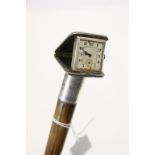 Silver mounted walking cane, handle with a Sterling Silver cased watch