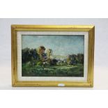 Harold Goldthwaite oil on board painting rural scene with cottage signed with gallery label verso