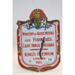 Vintage Enamel Sign ' Ministry of Agriculture and Fisheries, Light Horse Breeding, King's Premium,